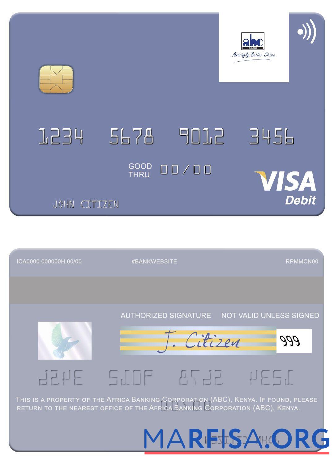 Printable Africa Banking Corporation (ABC) Kenya visa debit card sample